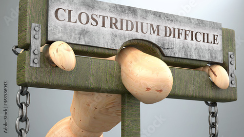Clostridium difficile impact and social influence shown as a figure in pillory to demonstrate Clostridium difficile's effect on health and burden it brings to life, 3d illustration photo