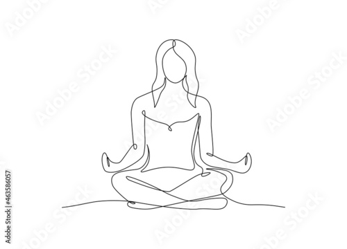 One line woman sitting in lotus pose yoga. Continuous line drawing of meditating girl, exercise icon, relax concept. Vector art