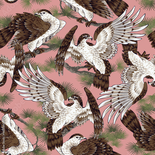 A seamless pattern of Japanese-style hand-painted hawks photo