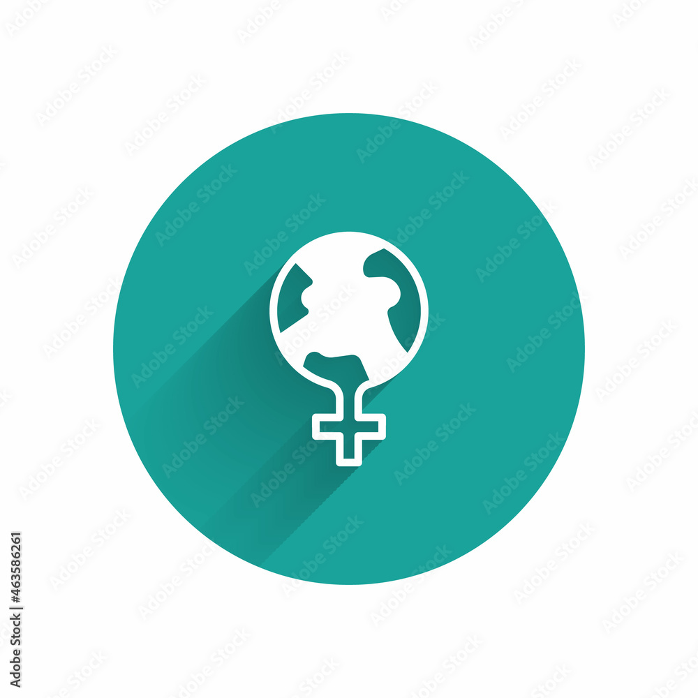 White Feminism in the world icon isolated with long shadow background. Fight for freedom, independence, equality. Green circle button. Vector White Feminism in the world icon isolated with long shadow background. Fight for freedom, independence, equality. Green circle button. Vector