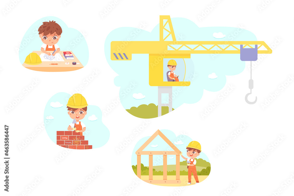 Builders kids work on building construction set, girl boy use crane, hammer to build