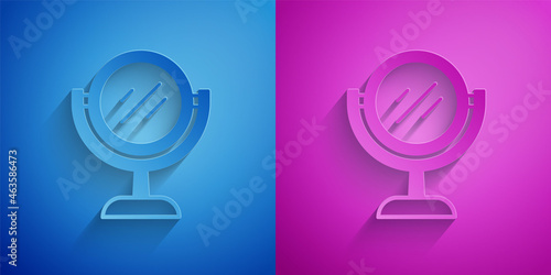Paper cut Hand mirror icon isolated on blue and purple background. Paper art style. Vector