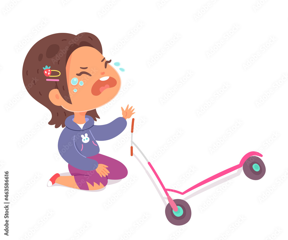 Kid crying after falling accident, girl learning to ride kick scooter, suffering Kid crying after falling accident, girl learning to ride kick scooter, suffering