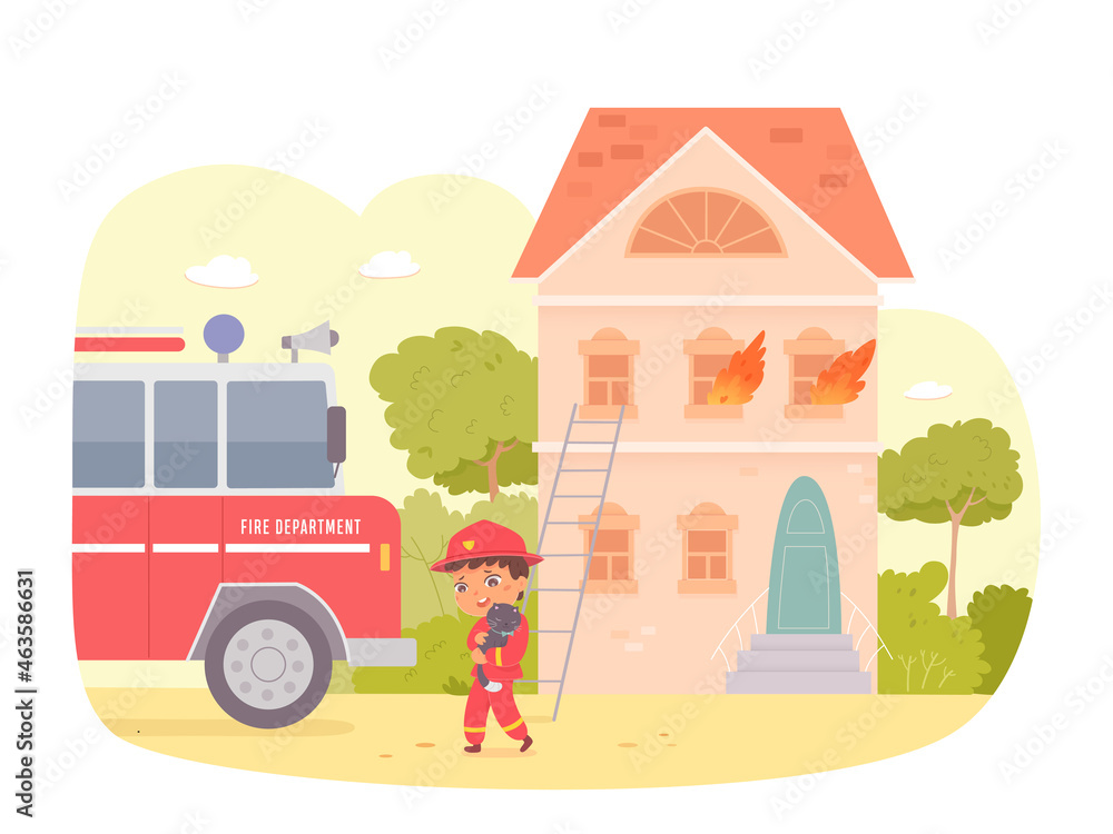 Kid firefighter rescuing cat, boy child rescuer holding animal to help, rescue from fire
