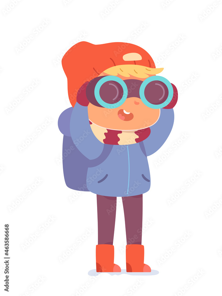 Cute child hiker holding binoculars, funny kid wearing warm scarf hat for cold weather