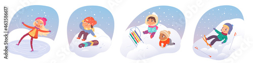 Fall accident of kids in winter set, cute sad boy and girl falling while playing outside