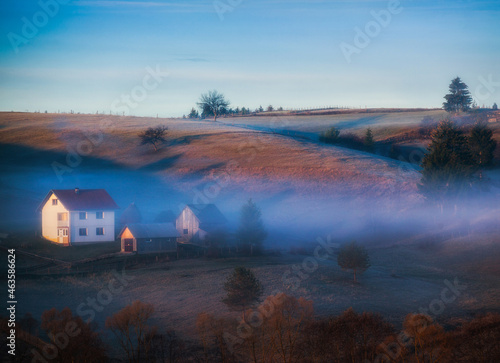 autumn scenery,morning foggy landscape in Bosnia