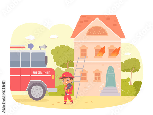 Kid firefighter rescuing cat, boy child rescuer holding animal to help, rescue from fire