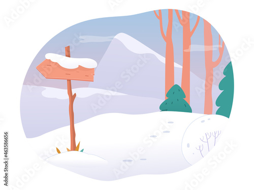 Wooden arrow sign for hikers in mountain snowy forest, cute scene with board on trail