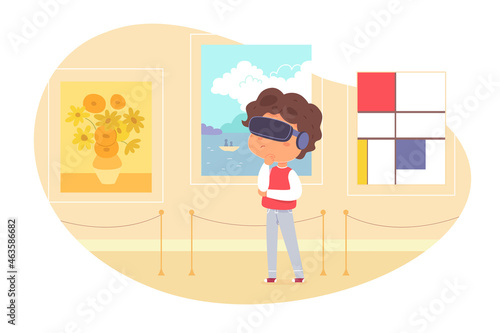 Virtual reality museum digital experience of kid in vr glasses, education game technology