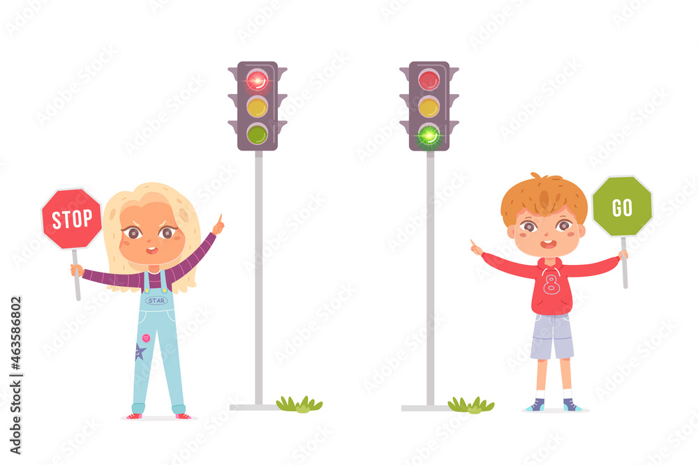 Blonde children study traffic rules together. Girl holds road sign in her hands, traffic prohibited, boys sign - you can go, they standing on edge of carriageway near traffic lights - obrazy, fototapety, plakaty 
