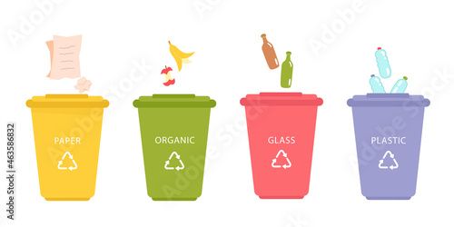 Garbage separation set, bin with trash to separate, infographic educational collection