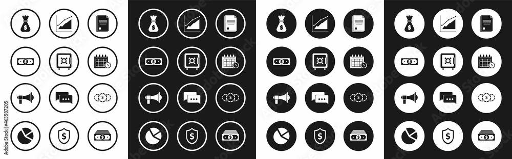 Set File document, Safe, Stacks paper money cash, Money bag, Financial calendar, Pie chart infographic, Coin with dollar symbol and Megaphone icon. Vector Set File document, Safe, Stacks paper money cash, Money bag, Financial calendar, Pie chart infographic, Coin with dollar symbol and Megaphone icon. Vector