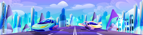 Future city with automobile drive road. Futuristic glass building and modern flying cars of unusual shapes. Alien urban architecture skyscrapers or fantasy cityscape cartoon vector illustration.