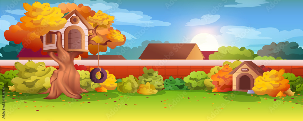 Garden backyard with brick wall, treehouse on tree, bushes and dog kennel. Vector cartoon autumn landscape with house back yard and green lawn. Outdoor area for party or children leisure. - obrazy, fototapety, plakaty 