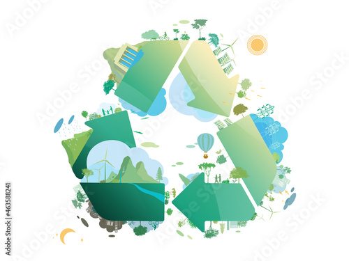 ESG and ECO friendly community with recycling symbol shows by the green environmental and cozy people vector illustration graphic EPS 10