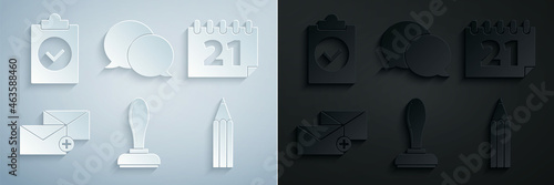 Set Stamp, Calendar, Envelope, Pencil, Speech bubble chat and Completed task icon. Vector