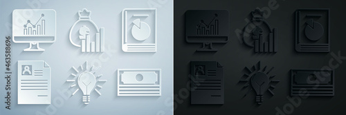 Set Light bulb with rays shine and concept of idea, User manual, Resume, Stacks paper money cash, Money bag diagram graph and Computer monitor chart icon. Vector