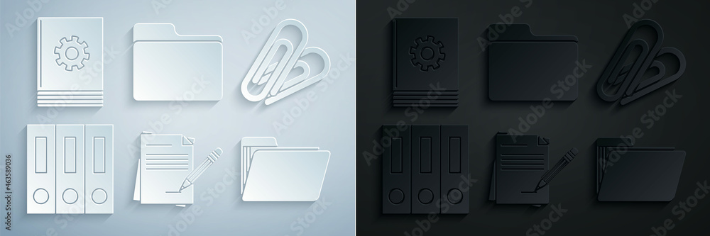 Set Blank notebook and pencil with eraser, Paper clip, Office folders papers documents, Document, and User manual icon. Vector
