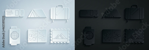 Set Passport pages with visa stamps, Suitcase for travel and stickers, ticket, Postal Egypt pyramids, Tourist tent and Travel icon. Vector