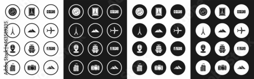 Set Airline ticket, Mountains, Eiffel tower, Compass, Plane, Postal stamp and, Cruise for traveling by ship and Map pointer with icon. Vector