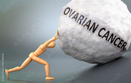 Ovarian cancer - depiction, impression and presentation of this condition shown a wooden model pushing heavy weight to symbolize struggle and pain when dealing with Ovarian cancer, 3d illustration photo