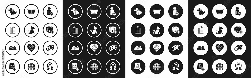 Set Dog medicine bottle, Cat, Cage for birds, Veterinary clinic symbol, Protective cone collar, Retractable cord leash with carabiner and Pet food bowl cat dog icon. Vector Set Dog medicine bottle, Cat, Cage for birds, Veterinary clinic symbol, Protective cone collar, Retractable cord leash with carabiner and Pet food bowl cat dog icon. Vector