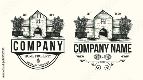 set hand drawn house logo, old style building facade. Old house, city building, vintage and retro illustration