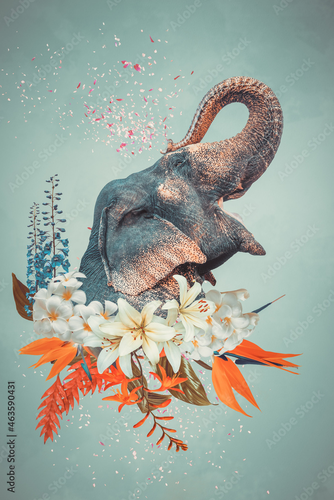 Abstract art collage of elephant with flowers - obrazy, fototapety, plakaty 