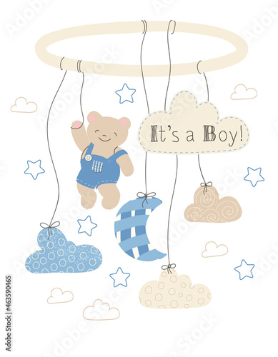 Baby boy shower card design. Vector illustration of children's toys, mobile with a Bear, stars, clouds and the moon with lettering It's a Boy