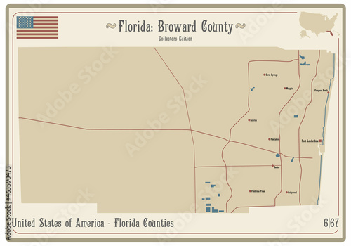 Map on an old playing card of Broward county in Florida, USA. photo