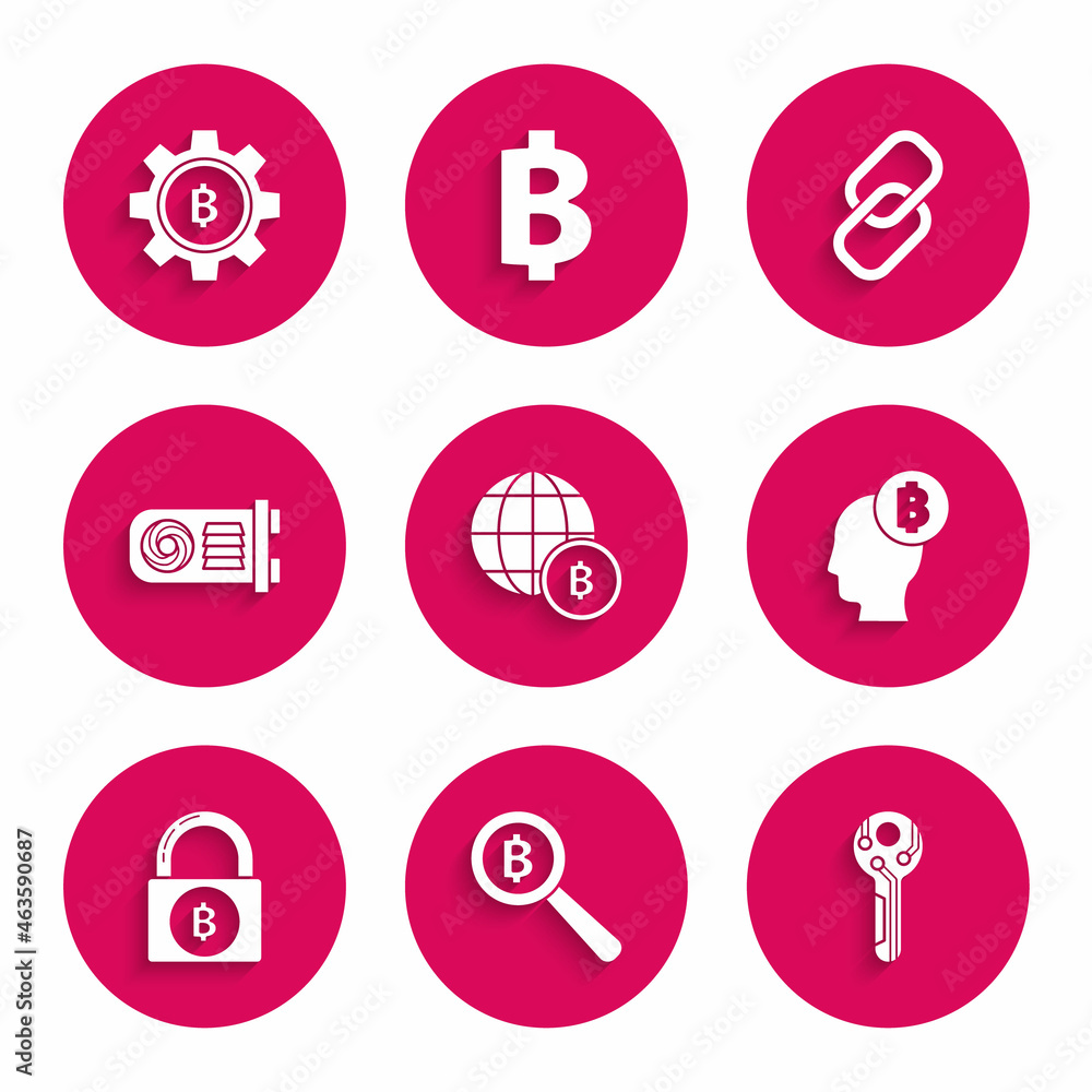 Set Globe and cryptocurrency coin Bitcoin, Magnifying glass with, Cryptocurrency key, think, Lock bitcoin, Mining farm, Chain link and icon. Vector