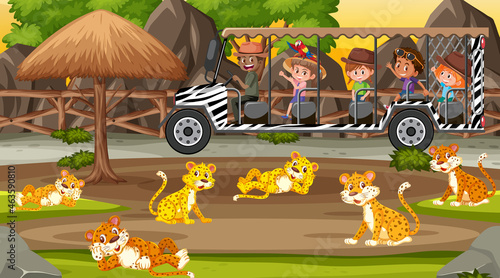 Safari at sunset scene with kids watching leopard group