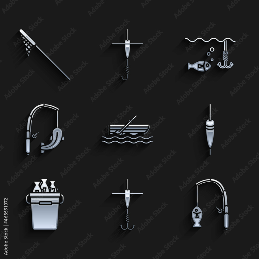 Set Fishing boat with oars on water, hook and float, rod fish, bucket fishes, under and net icon. Vector Set Fishing boat with oars on water, hook and float, rod fish, bucket fishes, under and net icon. Vector