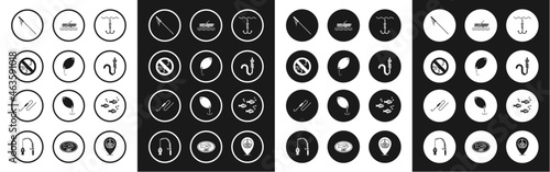 Set Fishing hook under water, spoon, No fishing, net, and worm, boat with oars, and line float icon. Vector