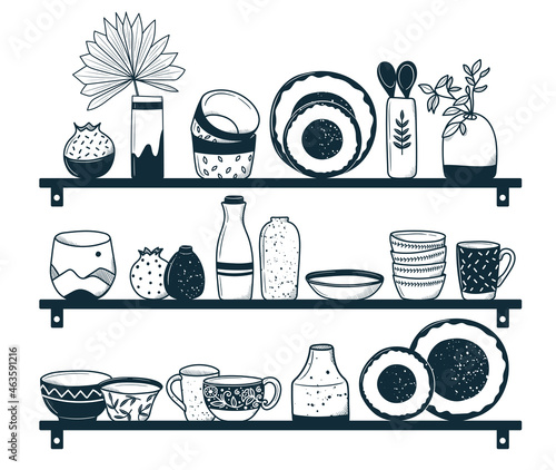 Kitchen utensils on the shelf. Decorative ceramic or retro style tableware. vector illustration in doodle style