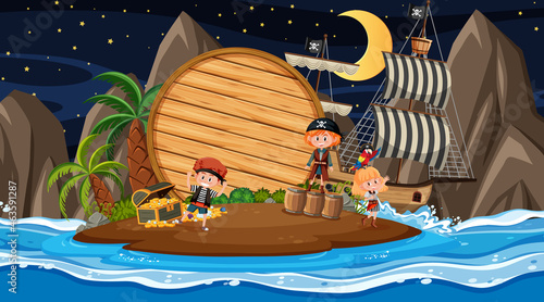 Pirate kids at the beach night scene with an empty wooden banner template