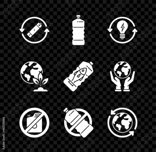 Set Battery with recycle symbol line, Recycle and light bulb lightning, No canister for gasoline, plastic, Planet earth recycling, Earth globe plant and Stop ocean pollution icon. Vector