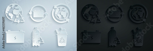 Set Recycling plastic bottle, Planet earth and recycling, Car battery, Recycle bin with recycle symbol, Battery and icon. Vector