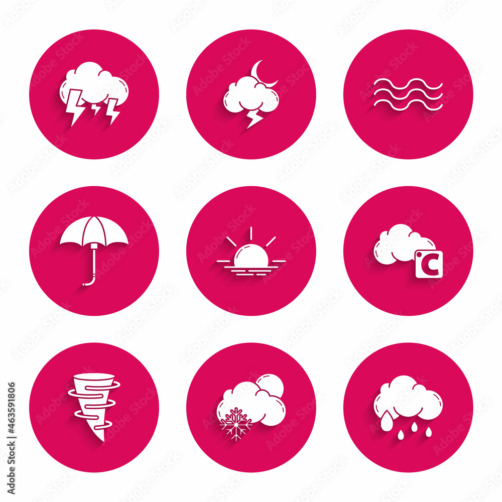 Set Sunrise, Cloud with snow and sun, rain, Celsius cloud, Tornado, Classic elegant opened umbrella, Waves and Storm icon. Vector