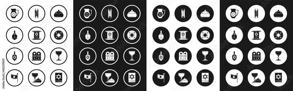 Set Jewish sweet bakery, Torah scroll, Hanukkah dreidel, Decanter with star of david, coin, goblet and icon. Vector