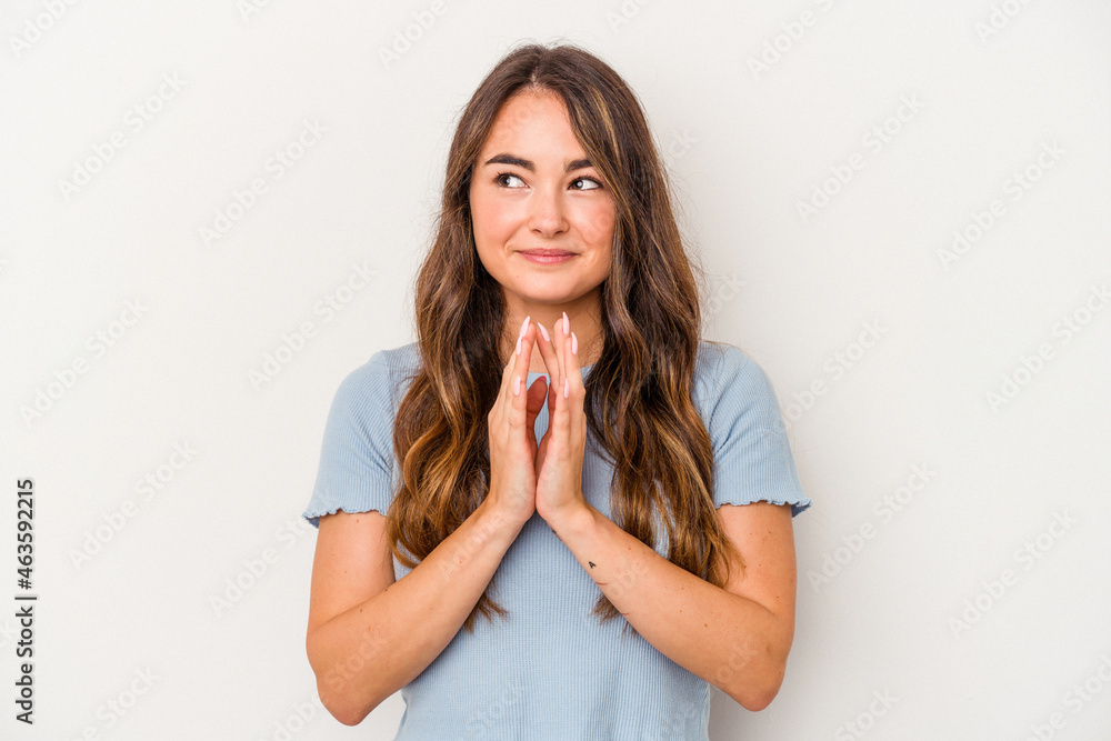 Young caucasian woman isolated on white background making up plan in mind, setting up an idea. Young caucasian woman isolated on white background making up plan in mind, setting up an idea.