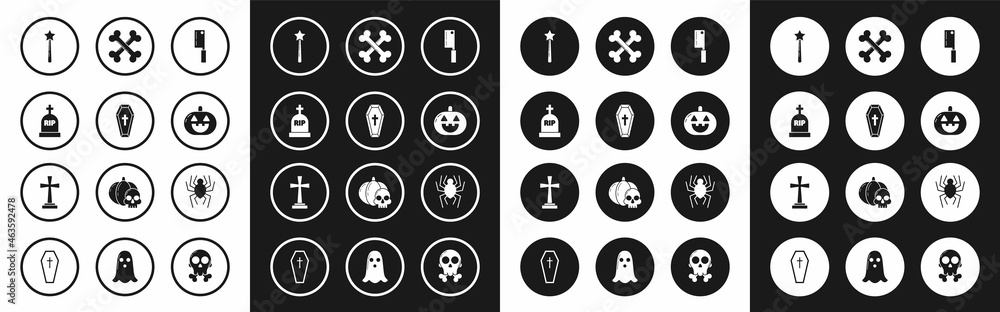 Set Meat chopper, Coffin with christian cross, Tombstone RIP, Magic wand, Pumpkin, Crossed bones, Spider and icon. Vector Set Meat chopper, Coffin with christian cross, Tombstone RIP, Magic wand, Pumpkin, Crossed bones, Spider and icon. Vector