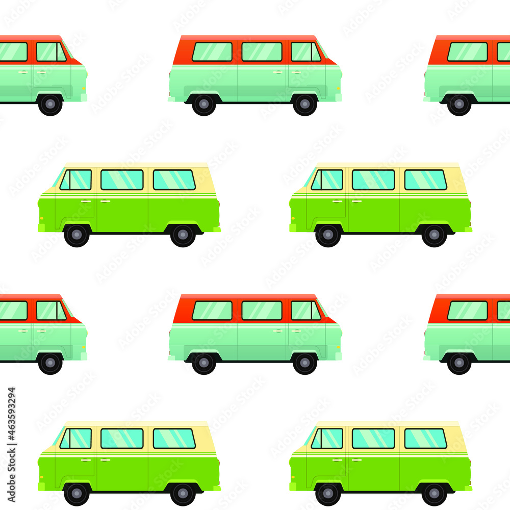 Vintage camper van bus seamless pattern on white background.  Vector illustration in flat style. Classic hippie vans in retro style.