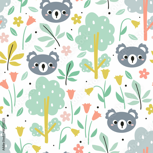 Seamless pattern with cute cartoon animal and plant for fabric print, textile, gift wrapping paper. colorful vector for textile, flat style photo