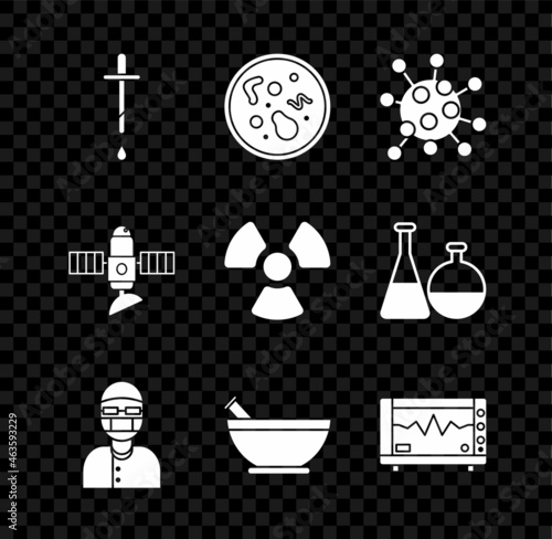 Set Pipette, Bacteria, Assistant, Mortar and pestle, Computer monitor with cardiogram, Satellite and Radioactive icon. Vector