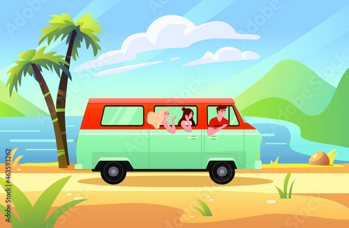 Summer trip. Happy сartoon people. Vector illustration in flat style.