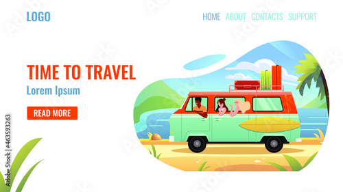 Time to Travel. Summer vacation banner flat design. Happy young people. Exotic ocean beach or seaside. Vector illustration. 