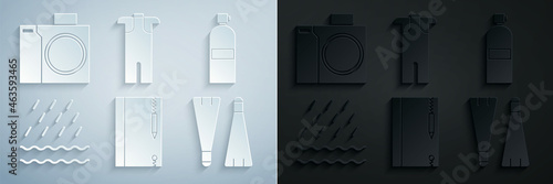 Set Underwater note book and pencil, Aqualung, Rain waves, Rubber flippers for swimming, Wetsuit scuba diving and Photo camera diver icon. Vector