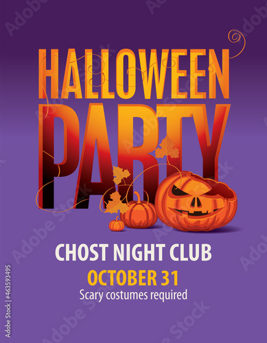 Vector banner for Halloween party with broken laughing pumpkin and inscription on a purple background. Spooky pumpkin carved face with an evil sinister smile. Scary Halloween flyer or invitation